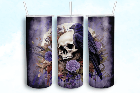 Raven Watercolor Skull Tumbler PNG